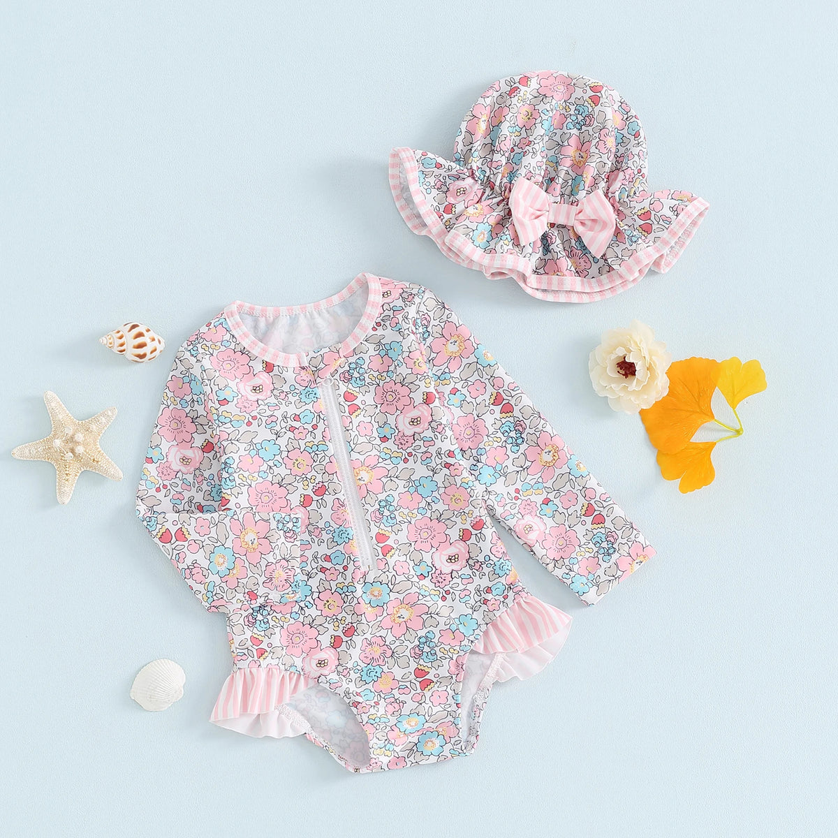 MISOWMNJOY Ruffle Floral Print Baby Girls Beachwear Summer Rash Guard Swimsuit Long Sleeve Bathing Suit Infant Swimwear with Hat