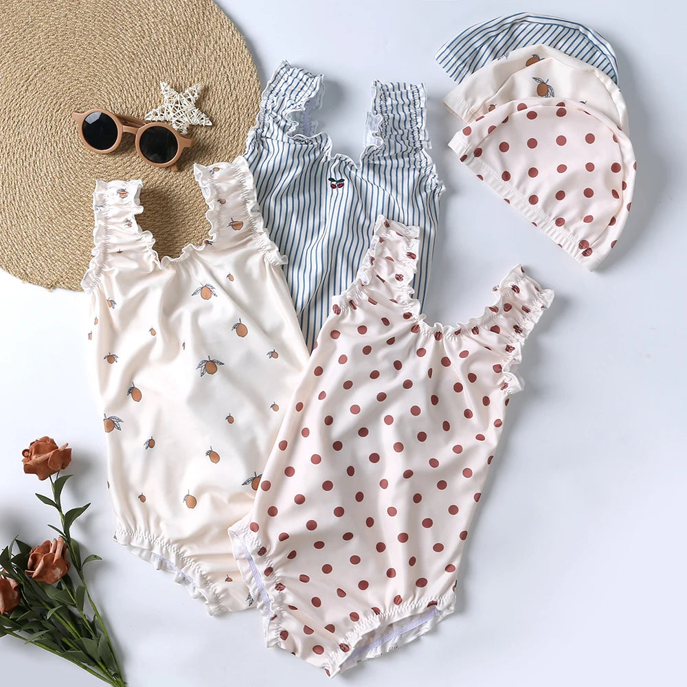 1-7Y Summer Kids Girls Swimsuits+Hat Clothing Toddler Girl Swimwear Cute Print Baby Bikini Split Swimsuit Vacation Swimming