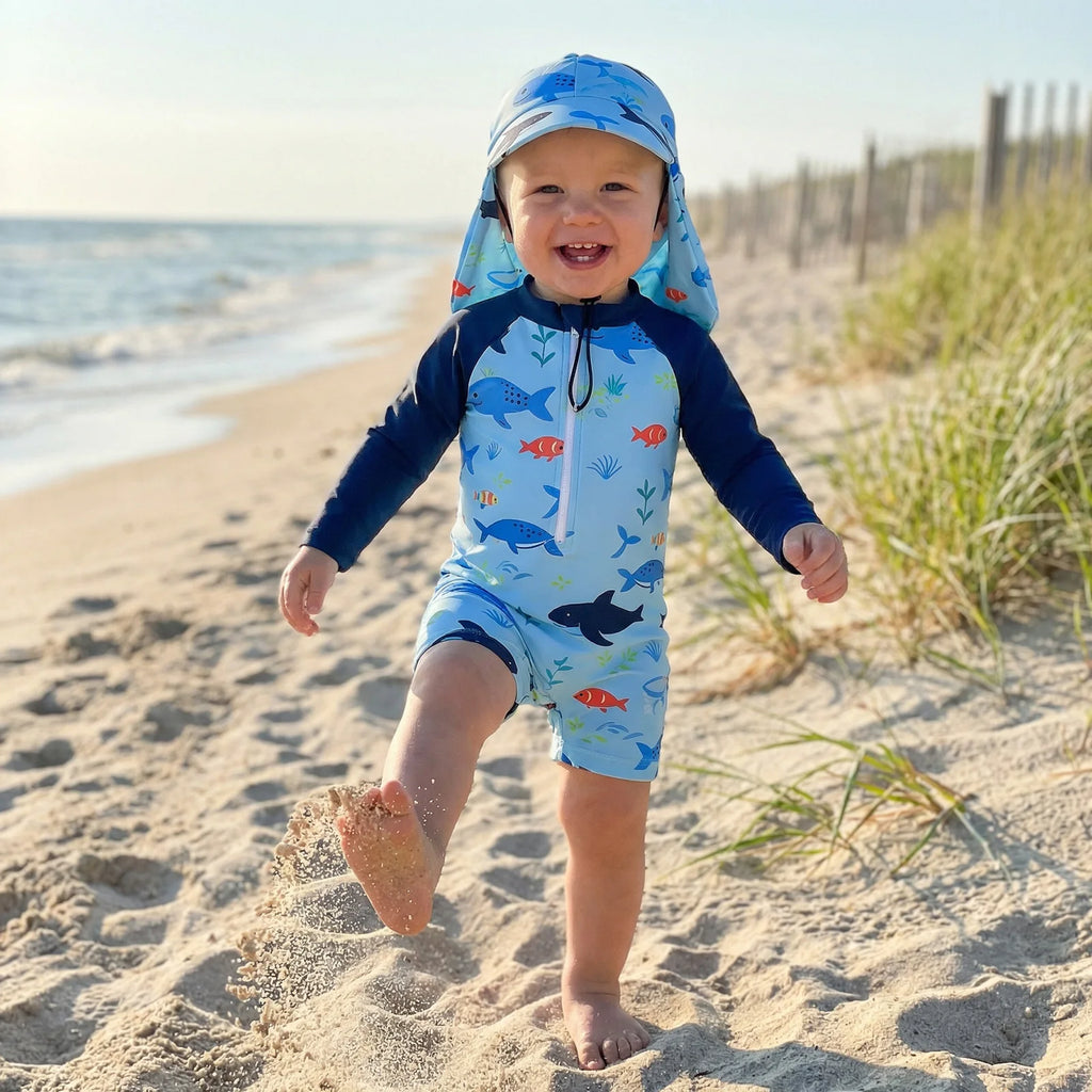 Toddler Baby Boys Rash Guard Swimsuit Romper Marine Print Long Sleeve Mock Neck Zipper Swimwear with Hat 2Pcs Set