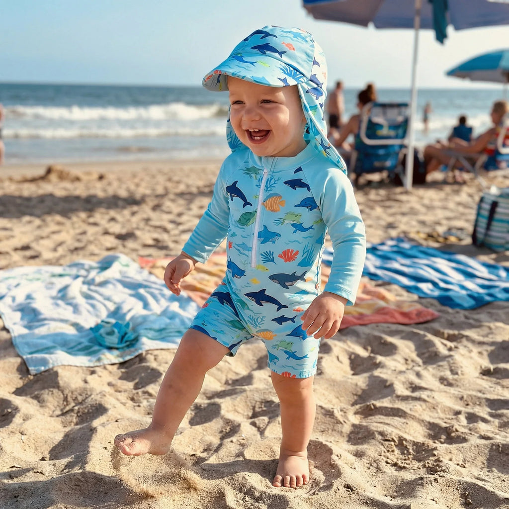 Toddler Baby Boys Rash Guard Swimsuit Romper Marine Print Long Sleeve Mock Neck Zipper Swimwear with Hat 2Pcs Set