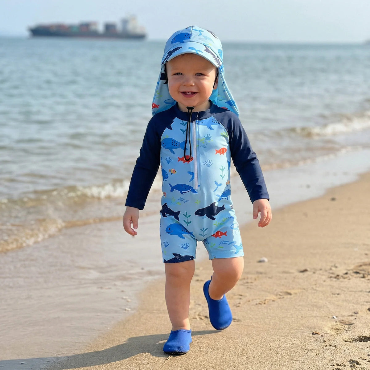 Toddler Baby Boys Rash Guard Swimsuit Romper Marine Print Long Sleeve Mock Neck Zipper Swimwear with Hat 2Pcs Set