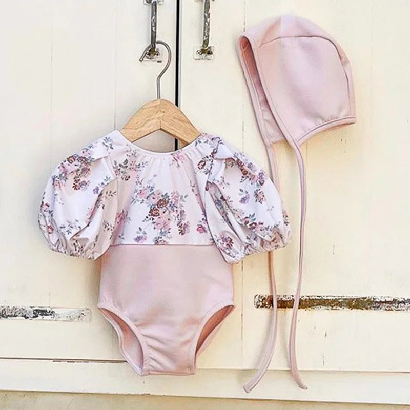 2024 New Summer Infant Baby Girls Swimsuit+Hat 0-3Yrs Kids Swimwear Toddler Baby Girls Beachwear Short Sleeved Printing Rompers
