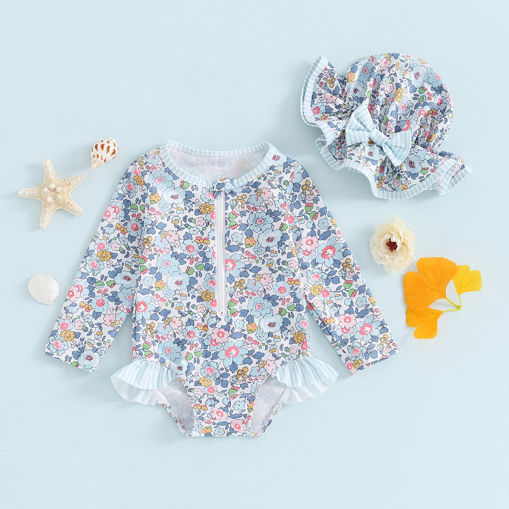 MISOWMNJOY Ruffle Floral Print Baby Girls Beachwear Summer Rash Guard Swimsuit Long Sleeve Bathing Suit Infant Swimwear with Hat
