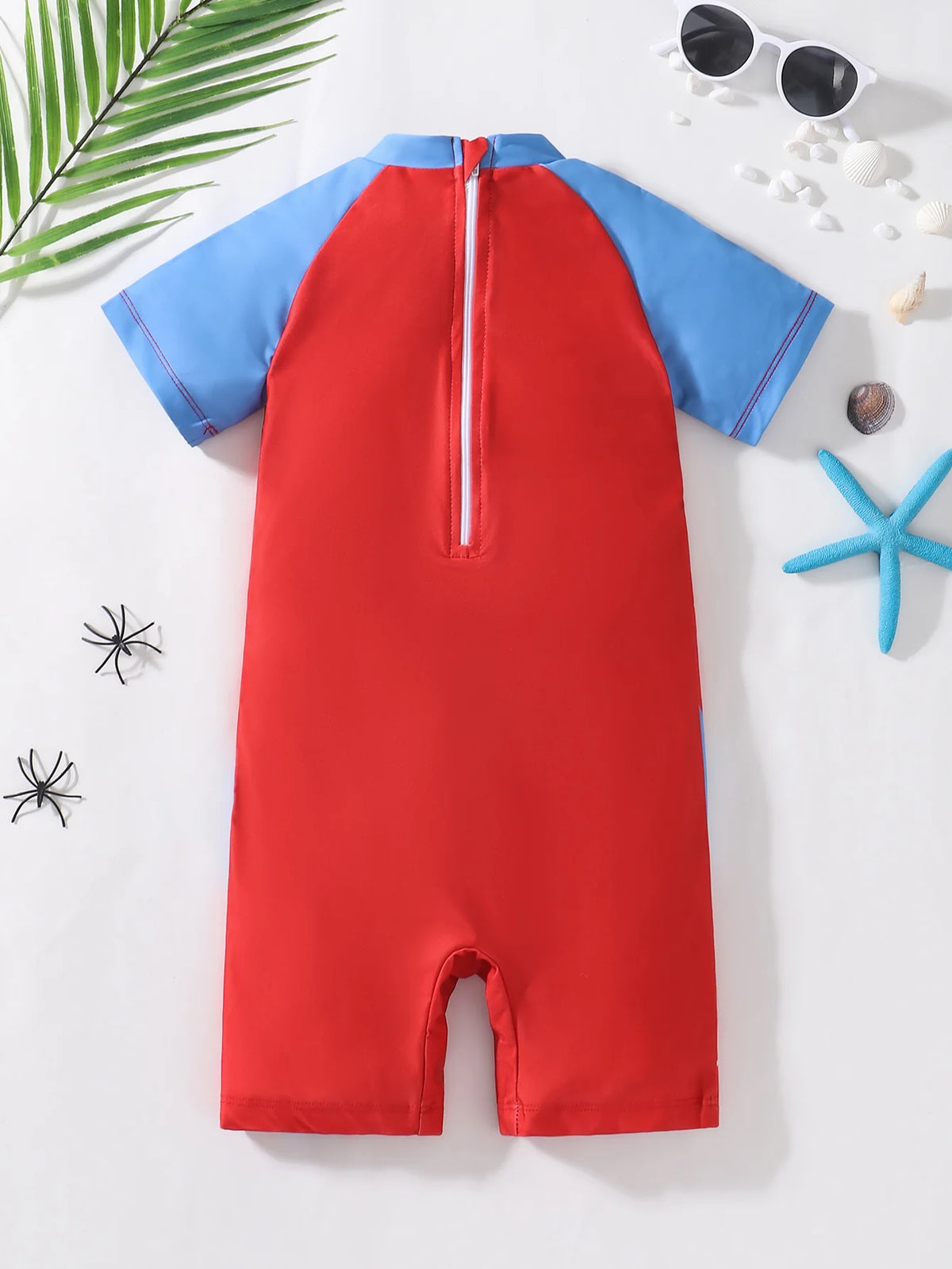 Baby Boys Color Block round Neck Spider Pattern One-Piece Swimsuit Infant Swimwear Comfortable Spandex Polyester Blend