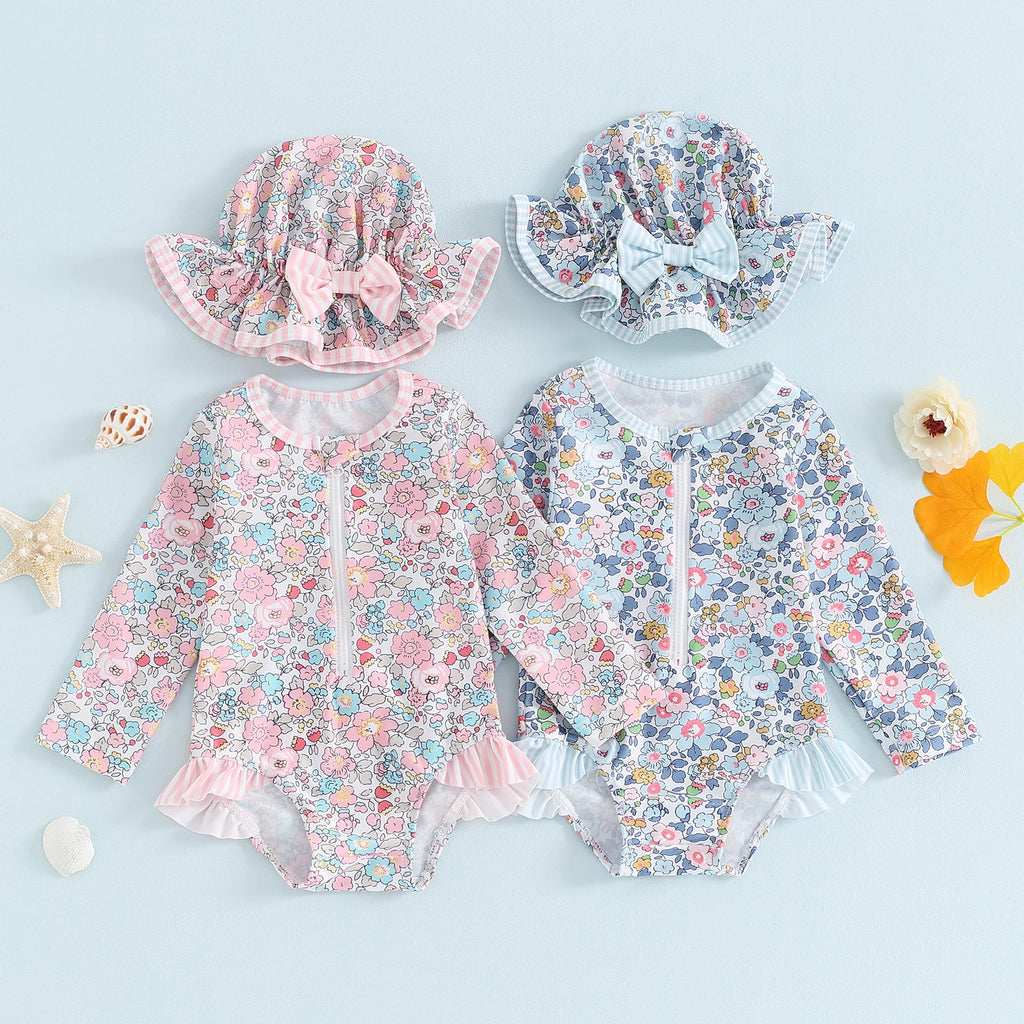 MISOWMNJOY Ruffle Floral Print Baby Girls Beachwear Summer Rash Guard Swimsuit Long Sleeve Bathing Suit Infant Swimwear with Hat