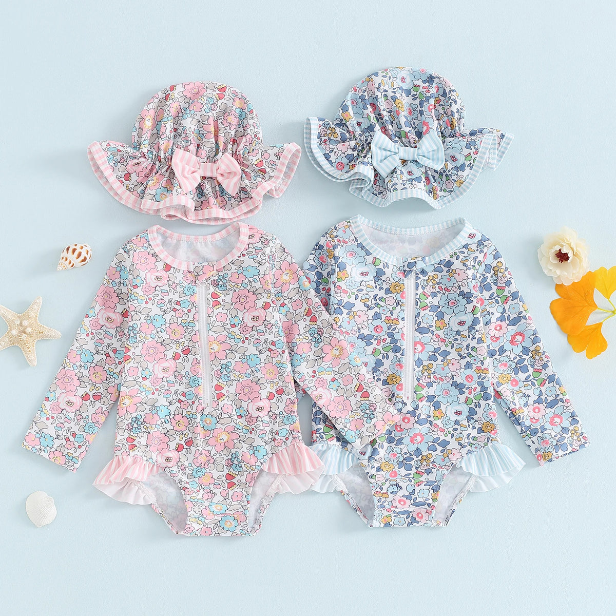 MISOWMNJOY Ruffle Floral Print Baby Girls Beachwear Summer Rash Guard Swimsuit Long Sleeve Bathing Suit Infant Swimwear with Hat