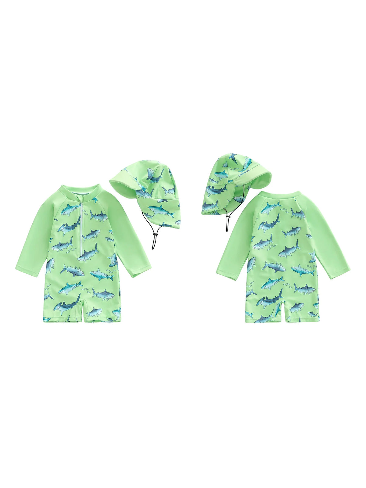 Baby Boys  Rash Guard Swimsuit with Shark Print and Zipper Closure Long Sleeve Bathing Suit with Matching Swim Cap